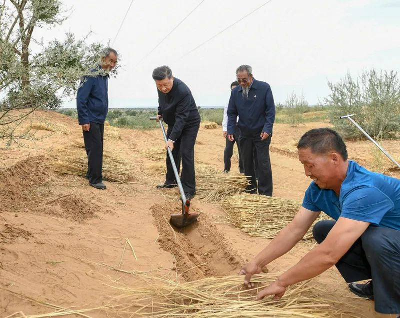 2019年8月21日，習近平來(lái)到甘肅省武威市古浪縣八步沙林場(chǎng)，實(shí)地察看當地治沙造林、生態(tài)保護等情況。新華社記者 謝環(huán)馳 攝