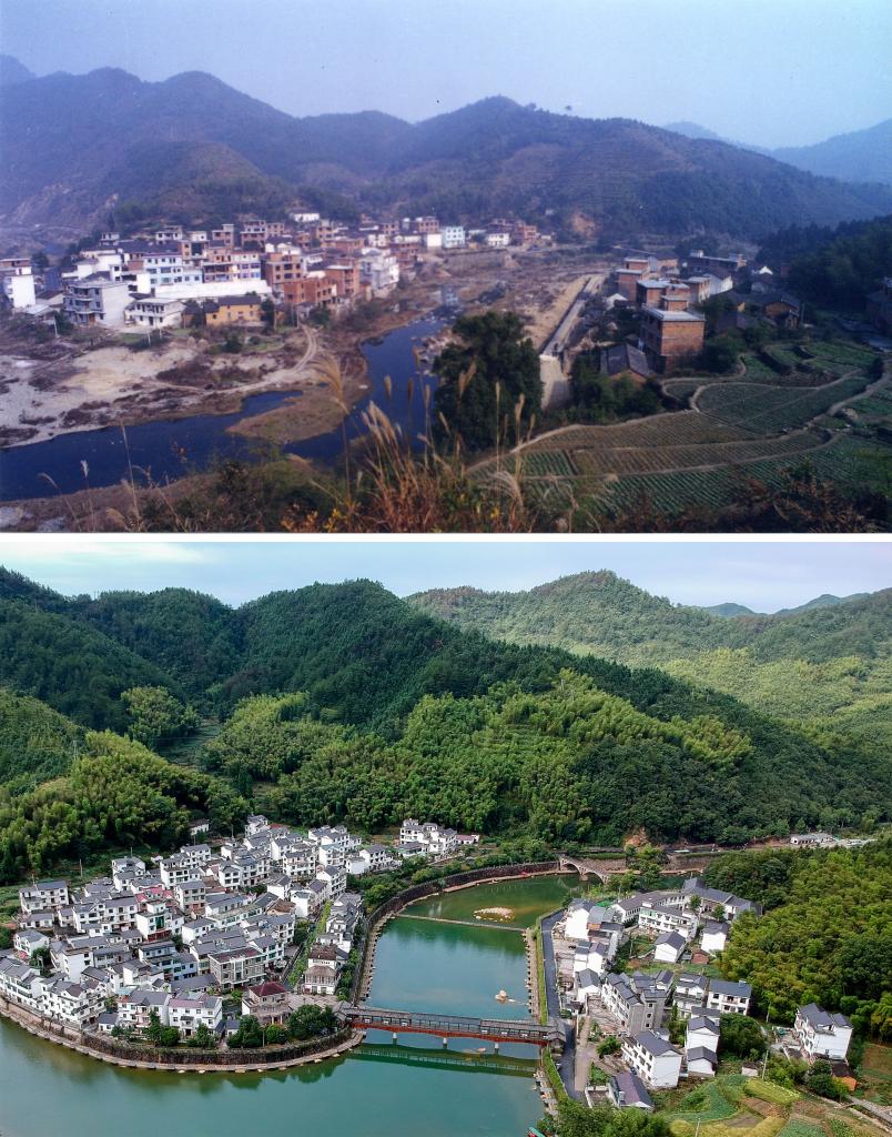 圖為浙江省杭州市淳安縣楓樹(shù)嶺鎮下姜村拼版圖，其中上圖為資料照片、下圖由新華社記者張鋮攝。
